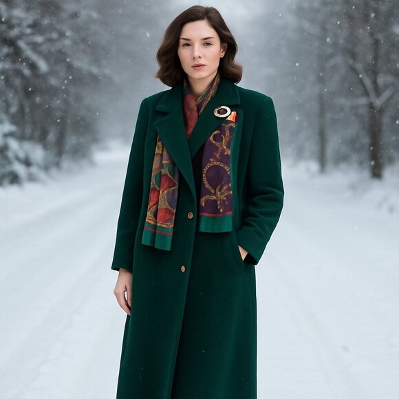 Elegant Green Trench Coat w/ Scarf & Gold Brooch – Karizma, Size 12 - Picture 1 of 14